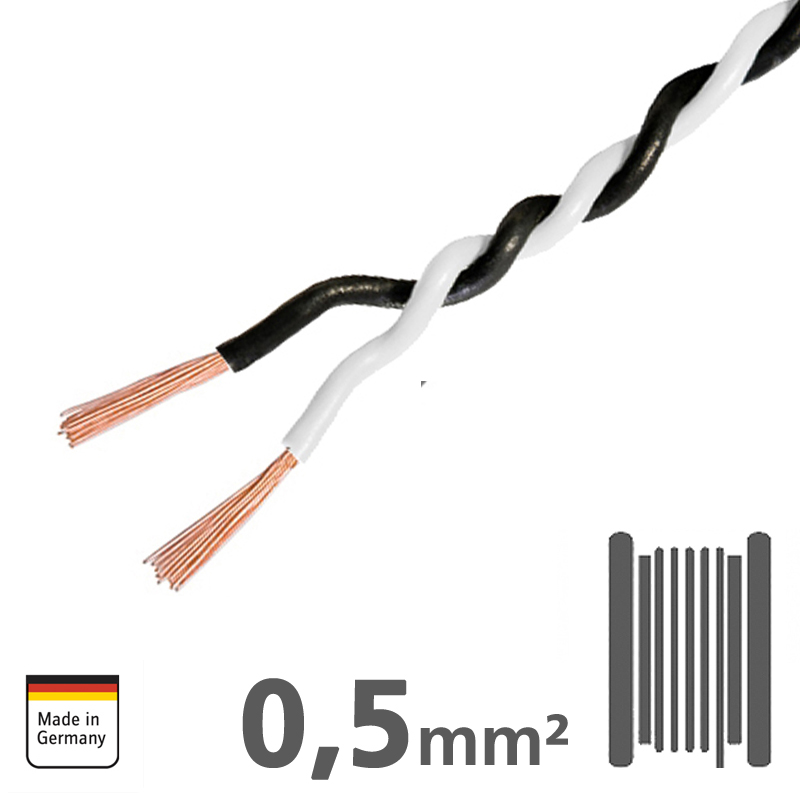 Verdrilltes Kabel WEISS/SCHWARZ 0,5mm², 150m Spule, 100% Kupfer