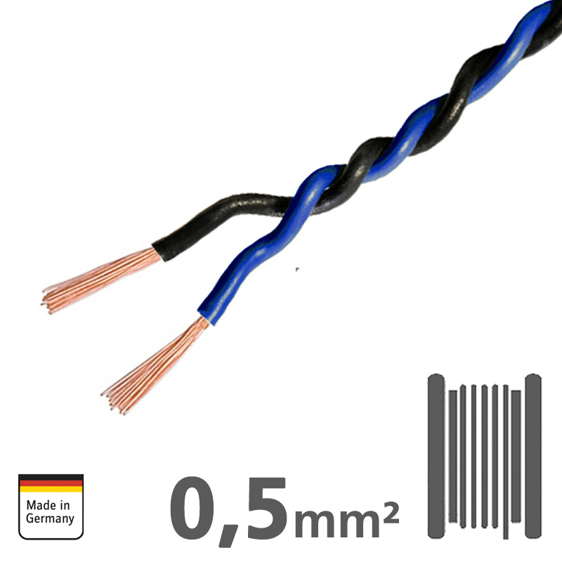 Verdrilltes Kabel BLAU/SCHWARZ 0,5mm², 150m Spule, 100% Kupfer