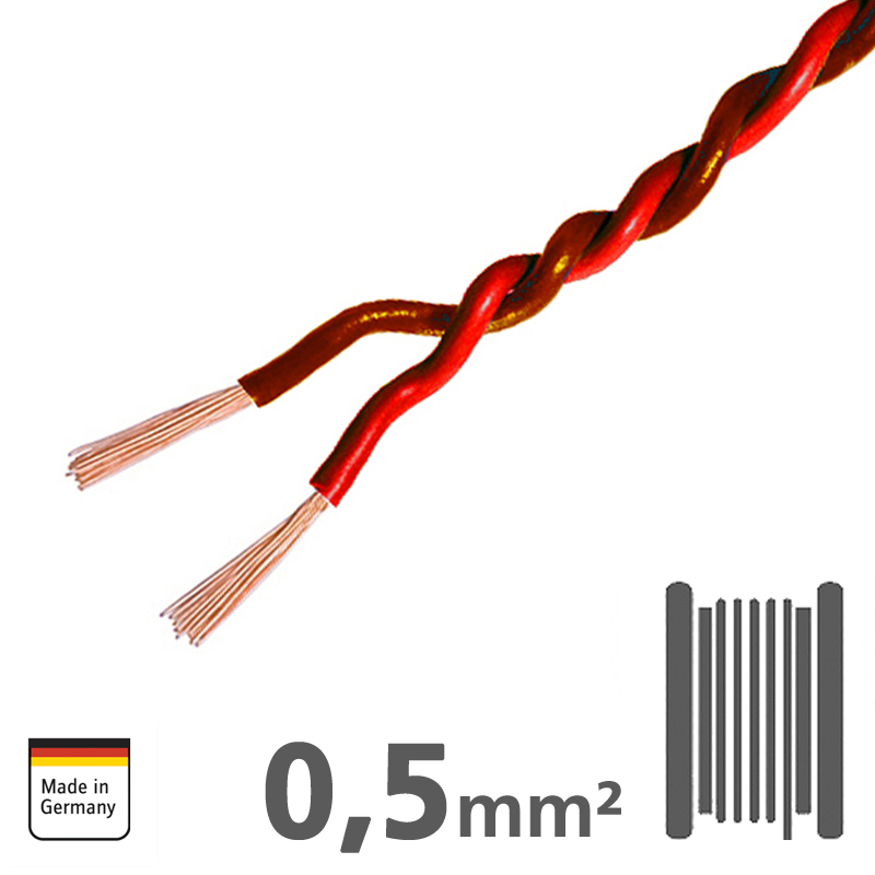 Verdrilltes Kabel ROT/BRAUN 0,5mm², 50m Spule, 100% Kupfer