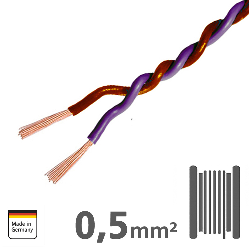 Verdrilltes Kabel VIOLETT/SCHWARZ 0,5mm², 150m Spule, 100% Kupfer