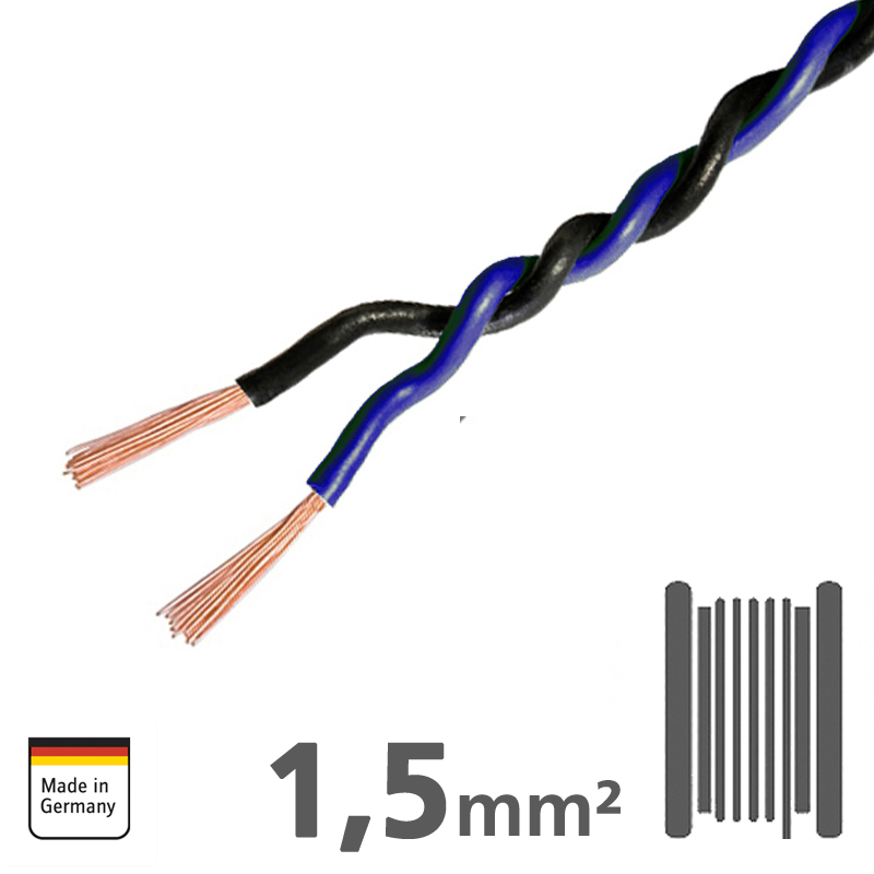 Verdrilltes Kabel BLAU/SCHWARZ 1,5mm², 60m Spule, 100% Kupfer