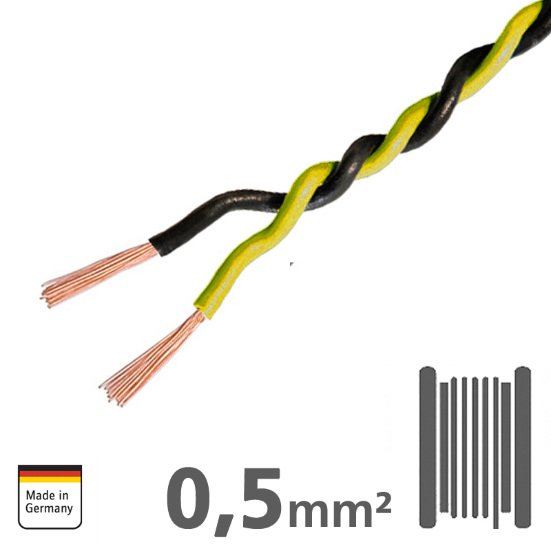 Verdrilltes Kabel GELB/SCHWARZ 0,5mm², 150m Spule, 100% Kupfer
