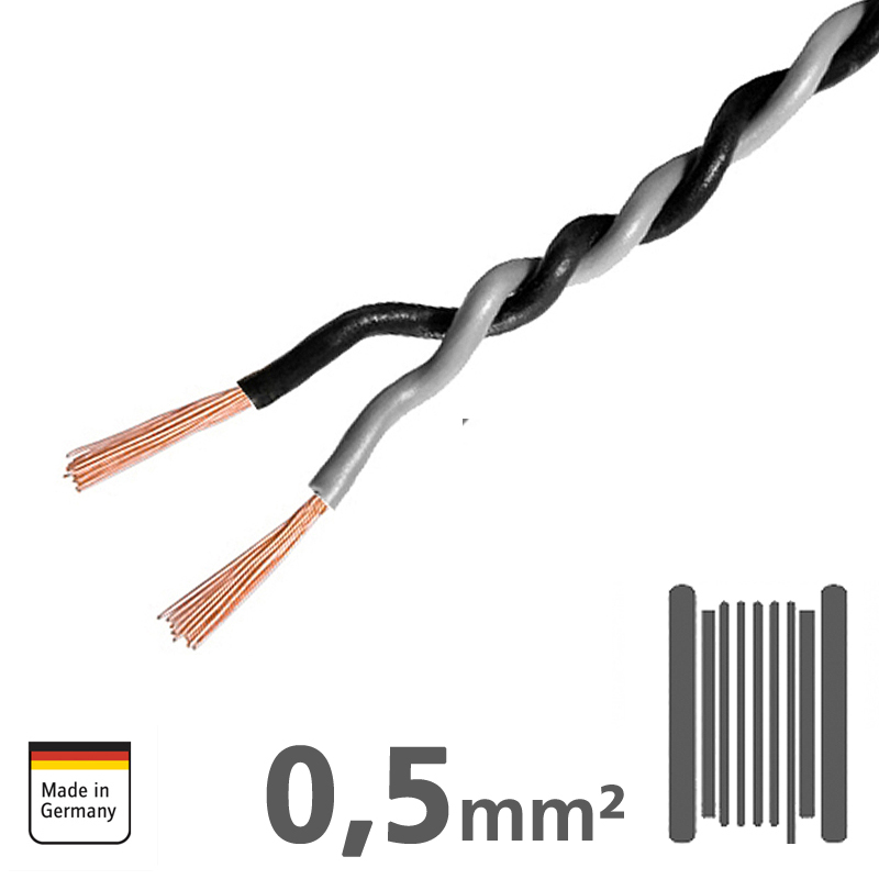 Verdrilltes Kabel GRAU/SCHWARZ 0,5mm², 150m Spule, 100% Kupfer